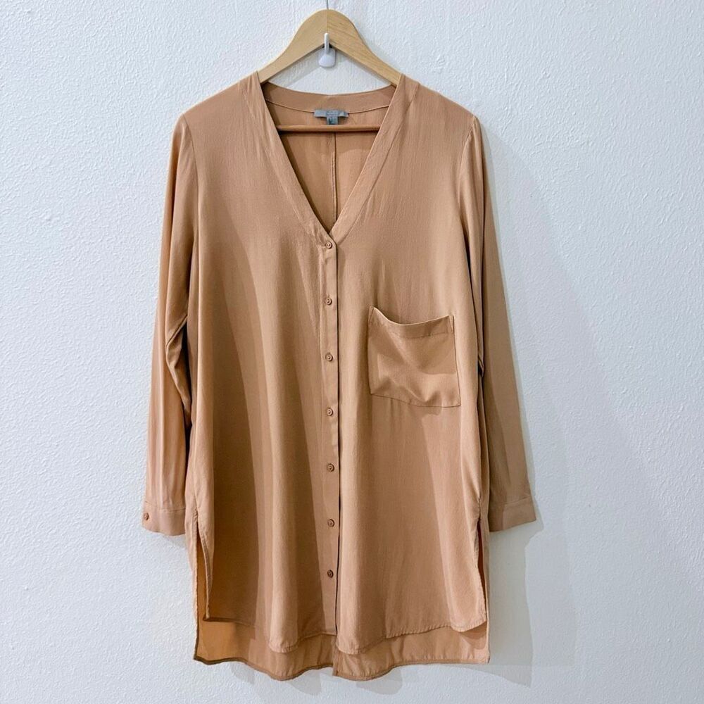 COS Women's Size 4 Tan Muted Orange 100% Silk Long Sleeve Button Down Shirt Top